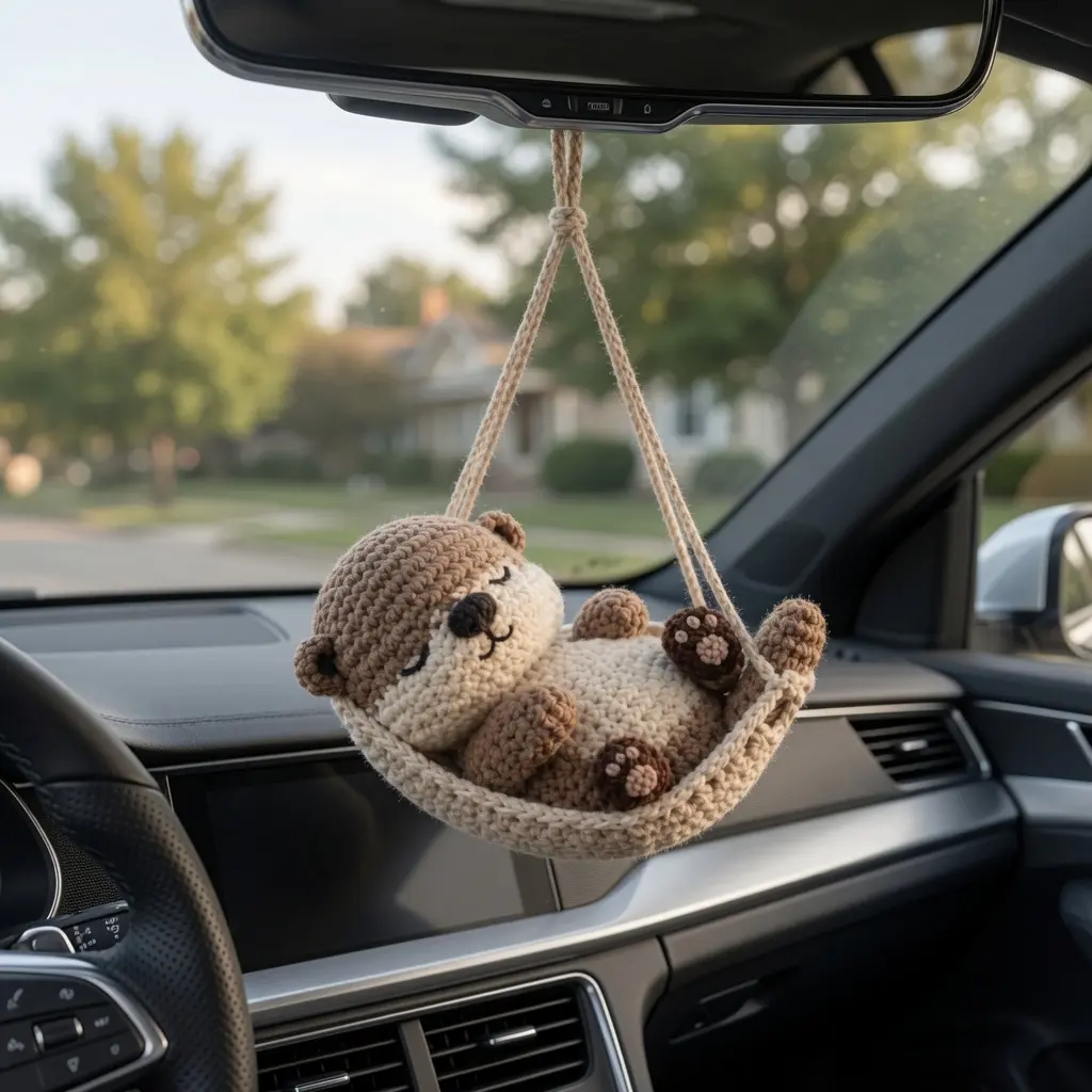 Handmade Crochet Sleeping Otter Car Hanging Ornament, Cute Amigurumi Rearview Mirror Charm, Cozy Automotive Interior Decor Gift