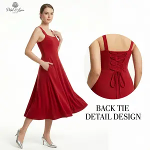 Petal Loom women's classic square neck trumpet shaped A-line dress with sleeveless back tie and flowing long skirt, holiday party set with pockets,dress for bridal shower,smock dress,dress for bridal shower,pretty dress