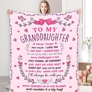 [Pink Gift Blanket] Soft Pink Flannel Granddaughter Gift Blanket | Heartfelt Message, Floral Design, Perfect for Naps, Camping, Travel & Home Decor L