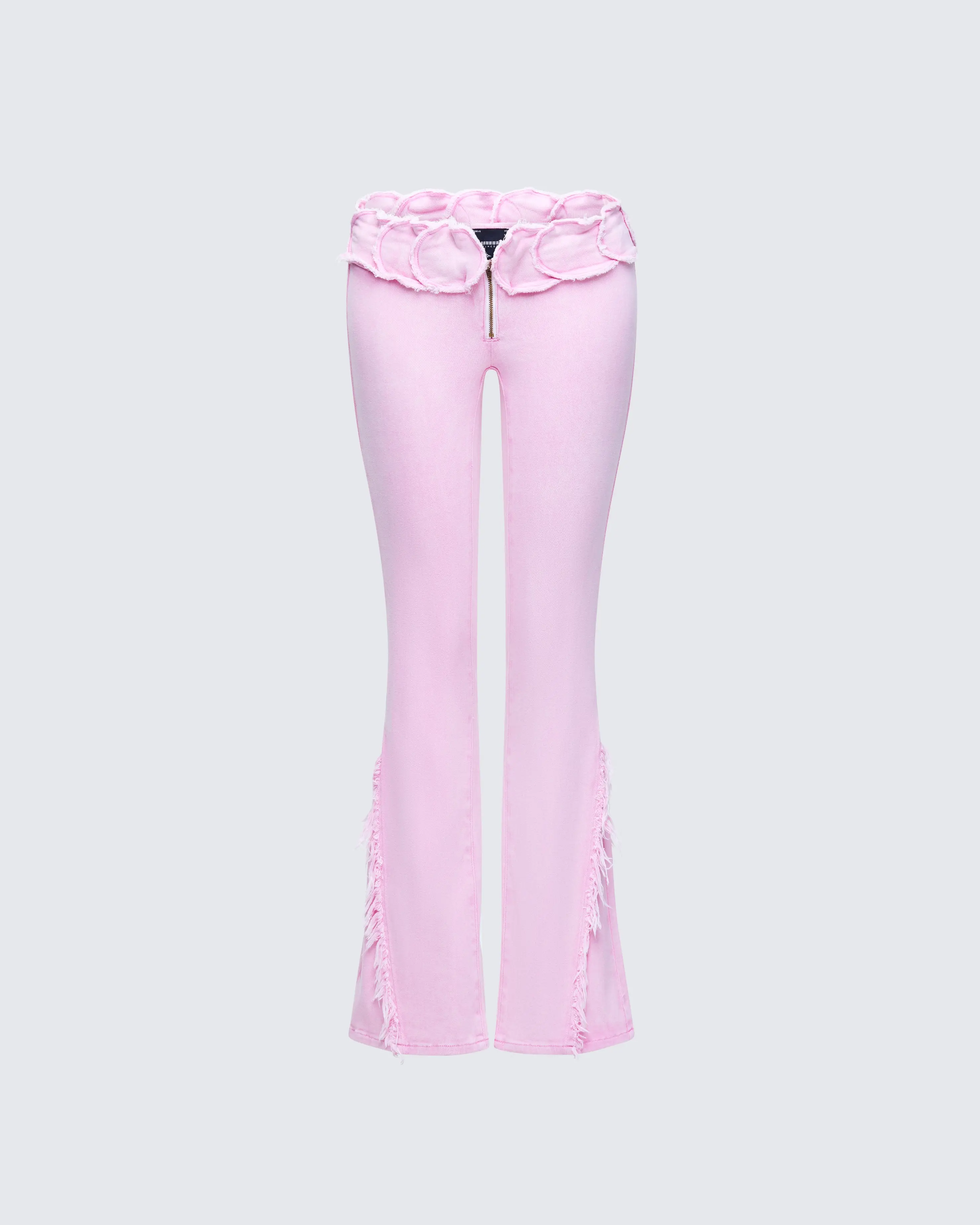 FINESSE Ayra Women's Cute Pink Distressed Acid Wash Flared Jeans, Low Rise Stretch Cotton Denim with Ruffle Trim and Zipper, Cotton Blend