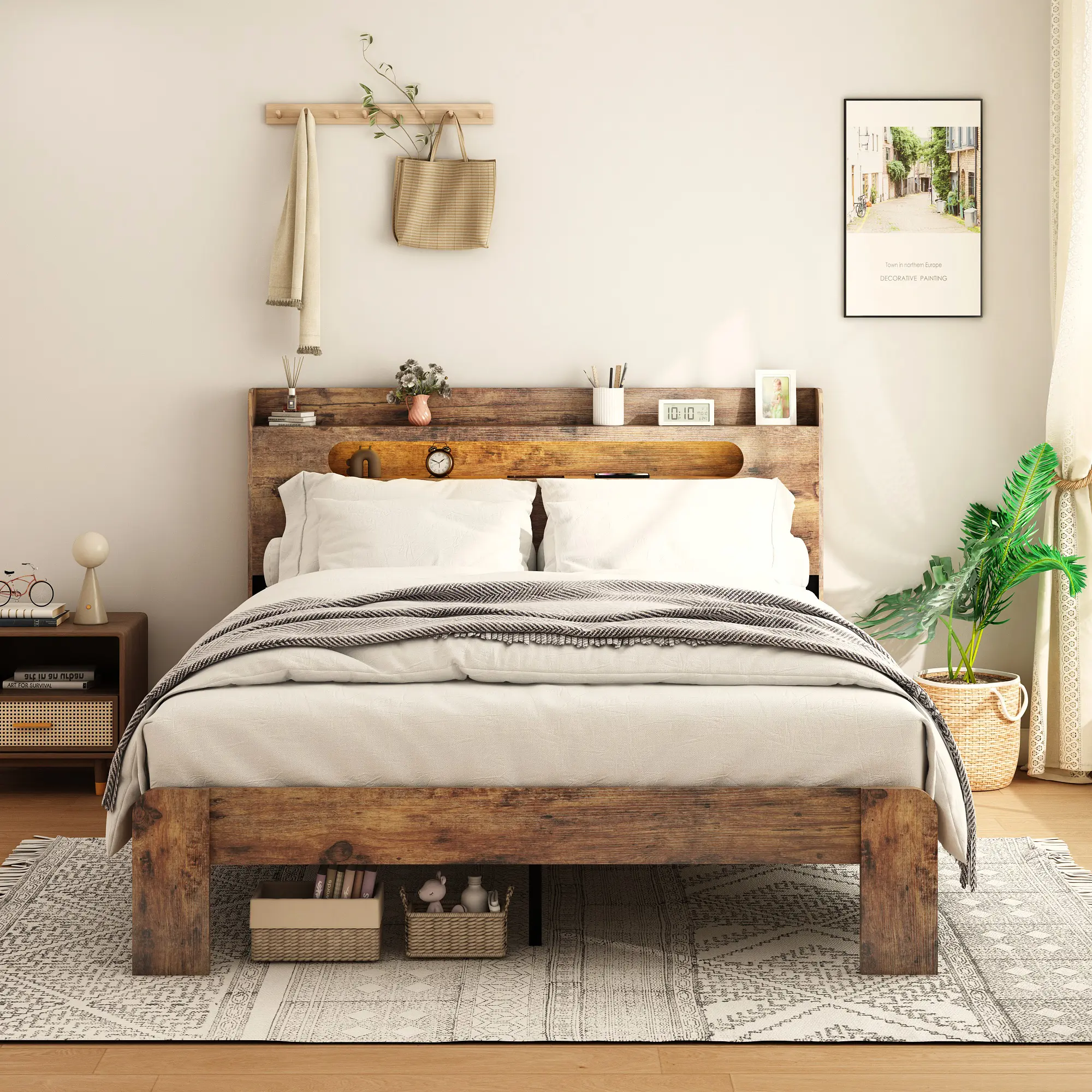 Rustic Dark Brown Wood Platform Bed Frame - 2-in-1 Design Bed Upgrade with Storage, Built-in LED Light Headboard, Outlets, 2 USB Ports, 6ft Power Supply Cord, Assembly Required