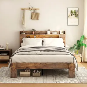 Wood Platform Bed Frame with Storage LED Light Headboard and 2 USB Ports, Dark Brown Wood Platform Bed Frame with Storage LED Light Headboard and 2 USB Ports, Dark Brown