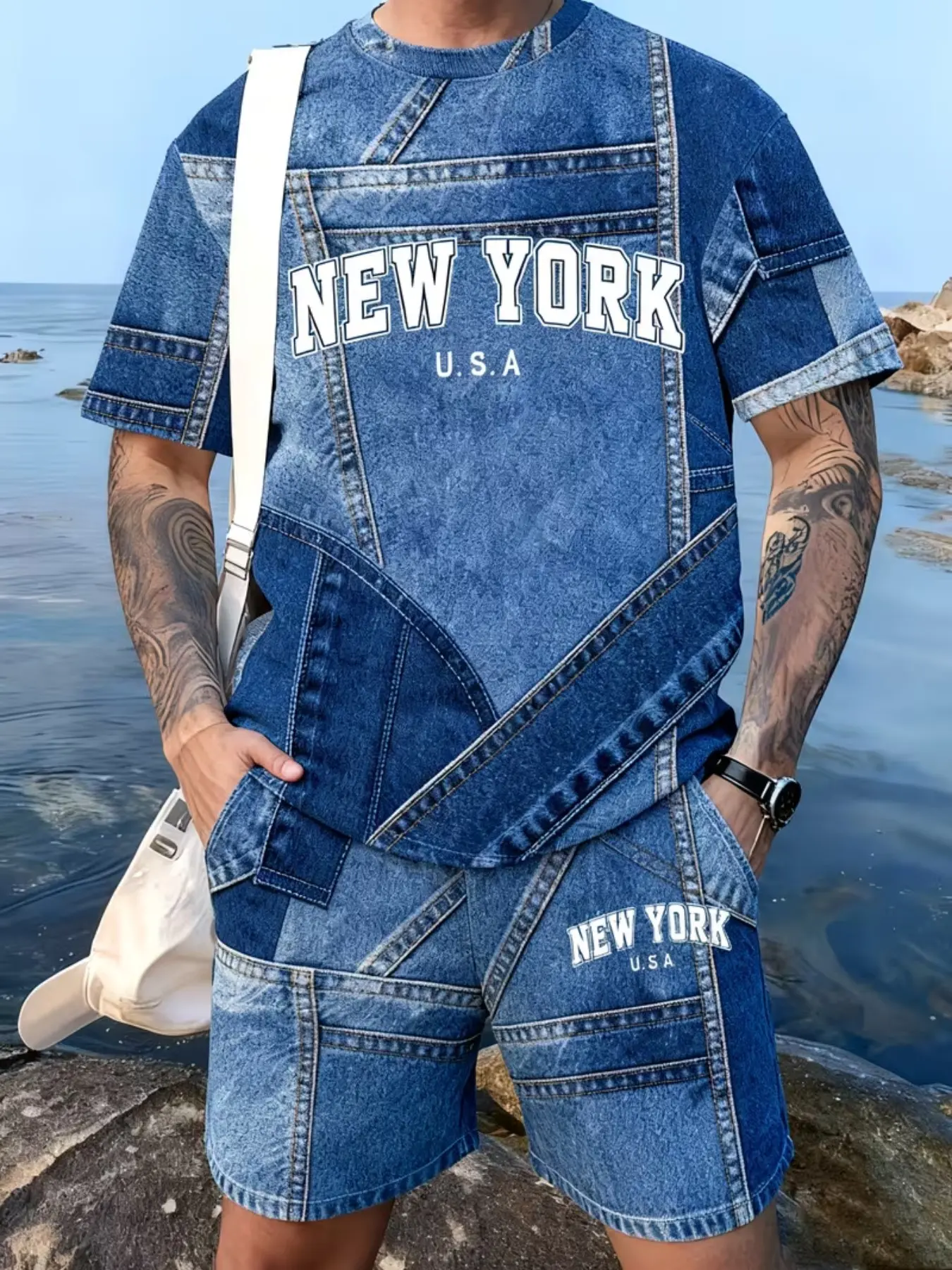 Men's Outdoor Denim Print Short-Sleeve Set, Summer Casual Resort Wear, Quick-Dry Fabric, Vintage Street Style, Perfect Gift, Streetwear