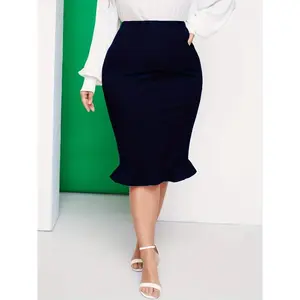 PlusSizeStretchyPolyesterKnitMidiSkirtJ031,ElegantSolidColorFishTailDesignwithRuffleHemforSpring/Summer/AutumnFashion