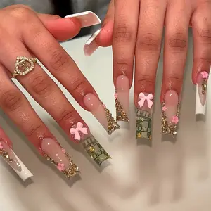 24 Pcs Long Square Nail Set, Rich Money Design, Transparent Nude Base with Gold Print, Full Diamond Chain & Bow, Y2K Sweet Cool Style