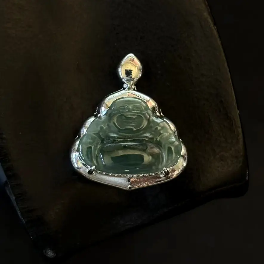 High-grade Natural Translucent Jade Jadeite Pendant 'Buddha Happy' Silver-tone, Free Necklace