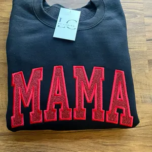 Red Glitter Black Sweater | Embroidered MAMA Sweatshirt | Red HTV Design | Cozy Custom Mom Sweater