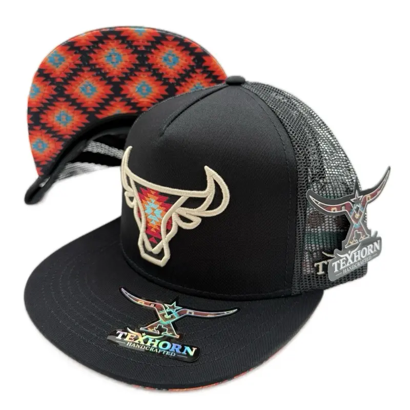 TEXHORN Cap Style El Quemado With Cattle Logo Trucker Hat with Aztec Red and Black Under Brim