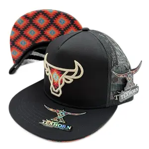 TEXHORN Cap Style El Quemado With Cattle Logo Trucker Hat with Aztec Red and Black Under Brim