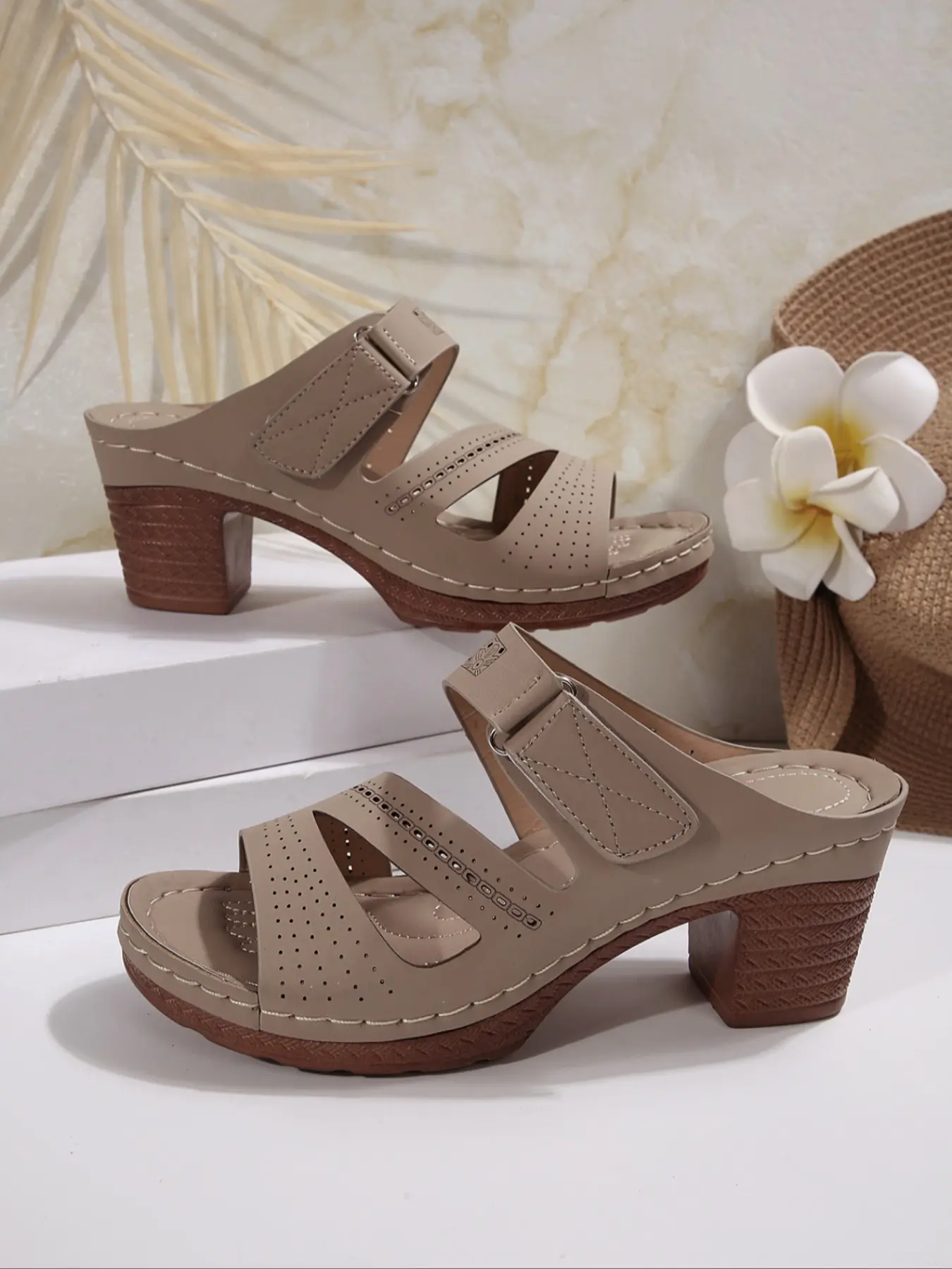 Women's Bohemian Stitch 7cm High Heel Slide Sandals - Open Toe, Ultra-Lightweight, Comfortable, Non-Slip & Wear-Resistant, Boho Sandals, Peep Toe, Trendy Sandals, Fashionable Sandals, Heeled Sandals