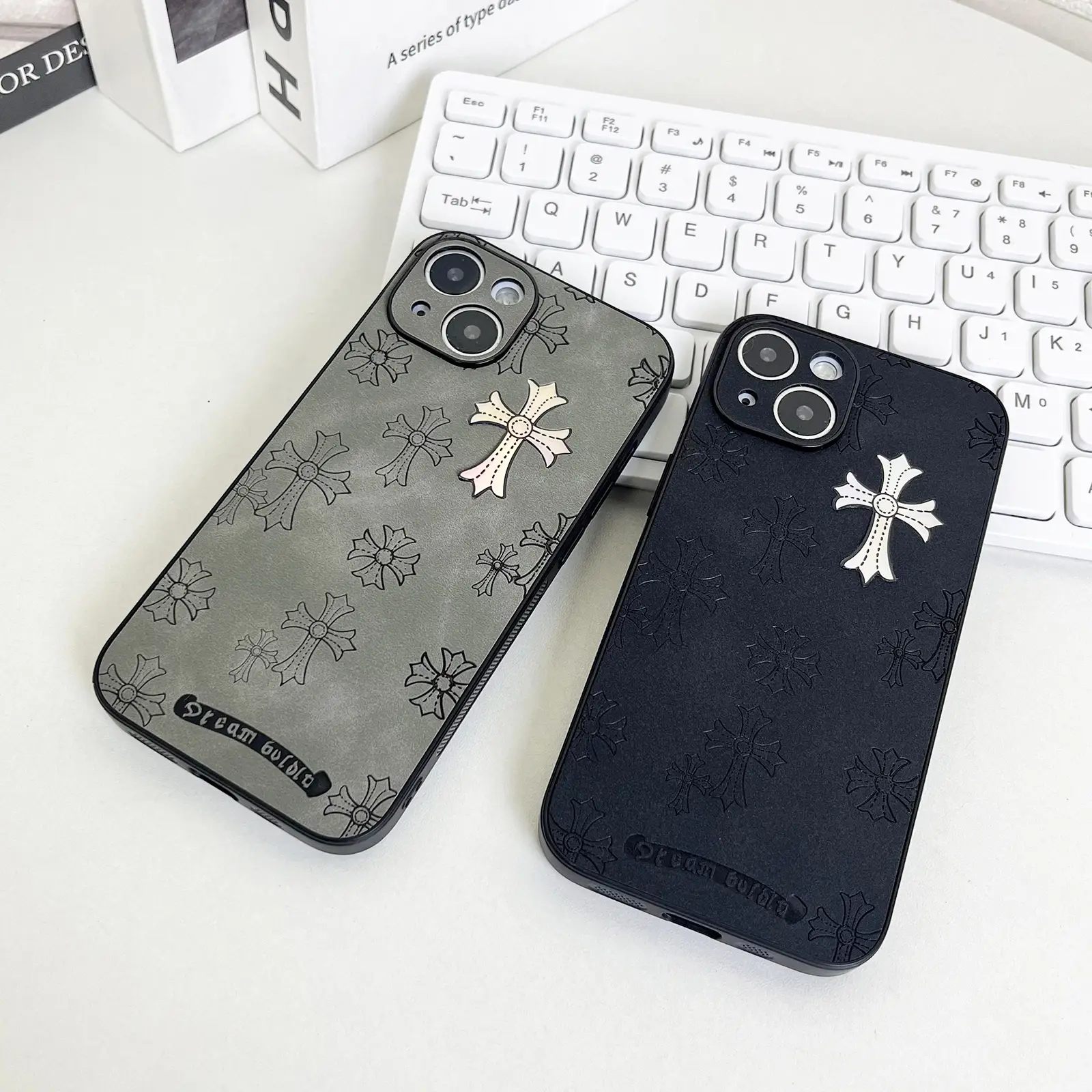 Cross logo leather phone case compatible with iPhone 16/15/14/13 Pro Max, iPhone 15/14Plus luxury pure plain leather ultra-thin business phone case 20