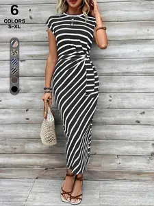 2026 European Style Striped Knot Waist Dress, Summer Round Neck Sleeveless Slim Fit Long Dress, Slimming Leg-Length Padded Butt Dress maxi dress outfits inspo dresses fashion