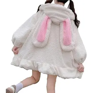 Bunny Ear Hoodie Women Kawaii Fluffy Cute Rabbit Sweatshirt Tops Coats Plush and Thickened Women's Cropped