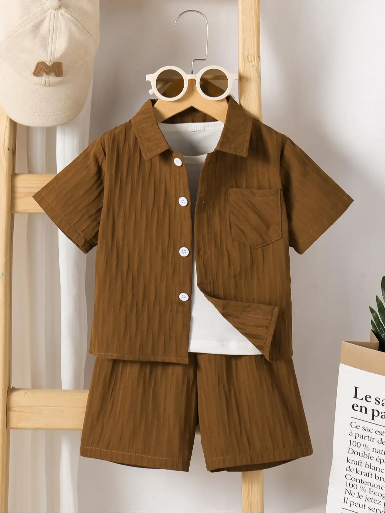 Two-Piece Set Toddler Boy's Solid Textured Shirt & Shorts without Tee, Casual Short Sleeve Collared Top & Shorts, Summer Outfits Clothes for Kids