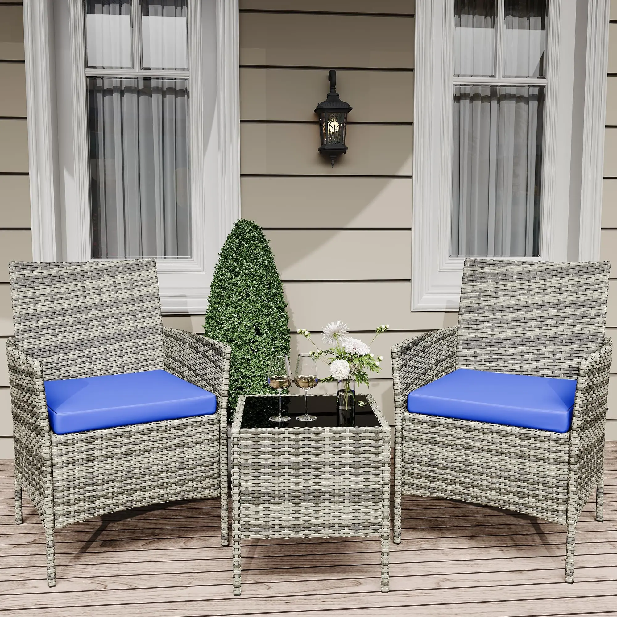 3-Piece Outdoor Patio Bistro Set, PE Rattan Wicker Conversation Furniture Combo with 2 Chairs and Coffee Table, Compact Leisure Furniture Perfect for Balcony Porch Garden Backyard