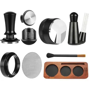7 PCS 54mm Espresso Machine Accessories Kit includes Espresso Tamper, Wood Tamping Station, WDT Tool, Distributor, Stirrer, Dosing Funnel, Brush, Puck Screen