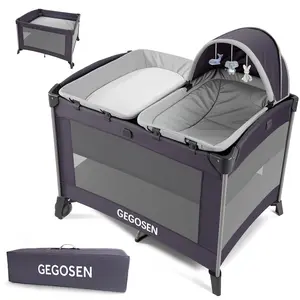 Portable Baby Playard 4 in 1 Design, Foldable Baby Playpen with Removable Bassinet, Canopy and Changing Table, Infant Playrad, Nursery Center Travel Crib