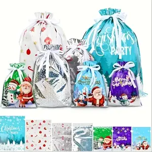 21pcs Christmas Gift Wrapping Bags, Santa Claus Cartoon Design, Reusable Drawstring Bags for Holiday Parties & Festive Packaging, Party Gift Packs