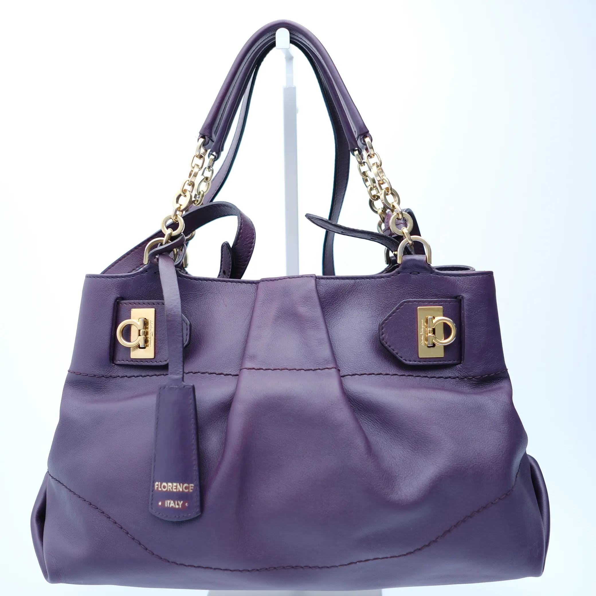 Pre-owned SALVATORE FERRAGAMO Double Gancini Medium Purple Leather Tote Bag
