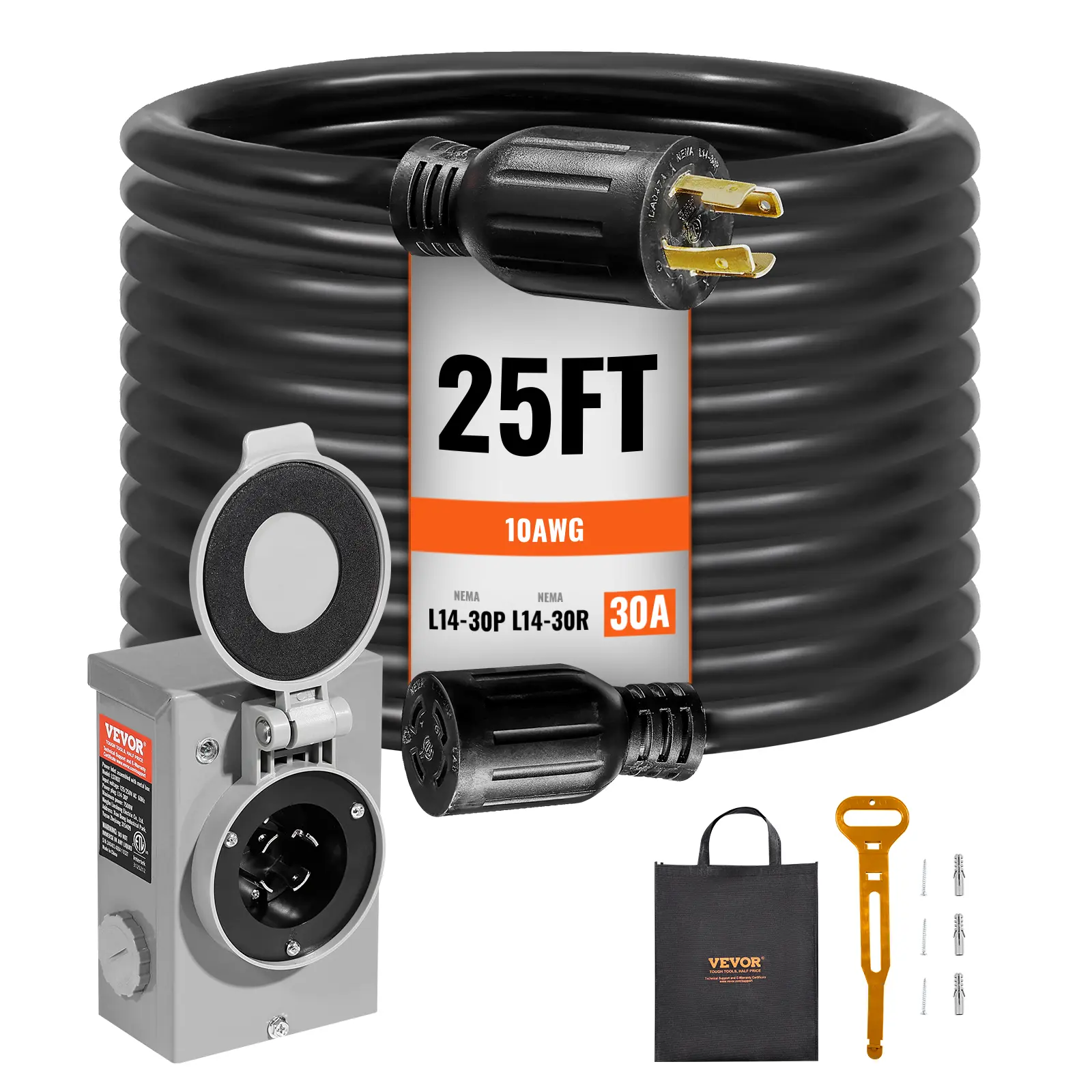 【summerfinds】VEVOR 30 Amp Generator Cord and Power Inlet Box Kit, 25 FT, NEMA L14-30P/L14-30R STW 10 AWG Generator Power Extension Cord with Twist Lock Connector, Pre-Drilled Inlet Box for RV Outdoor, ETL Listed