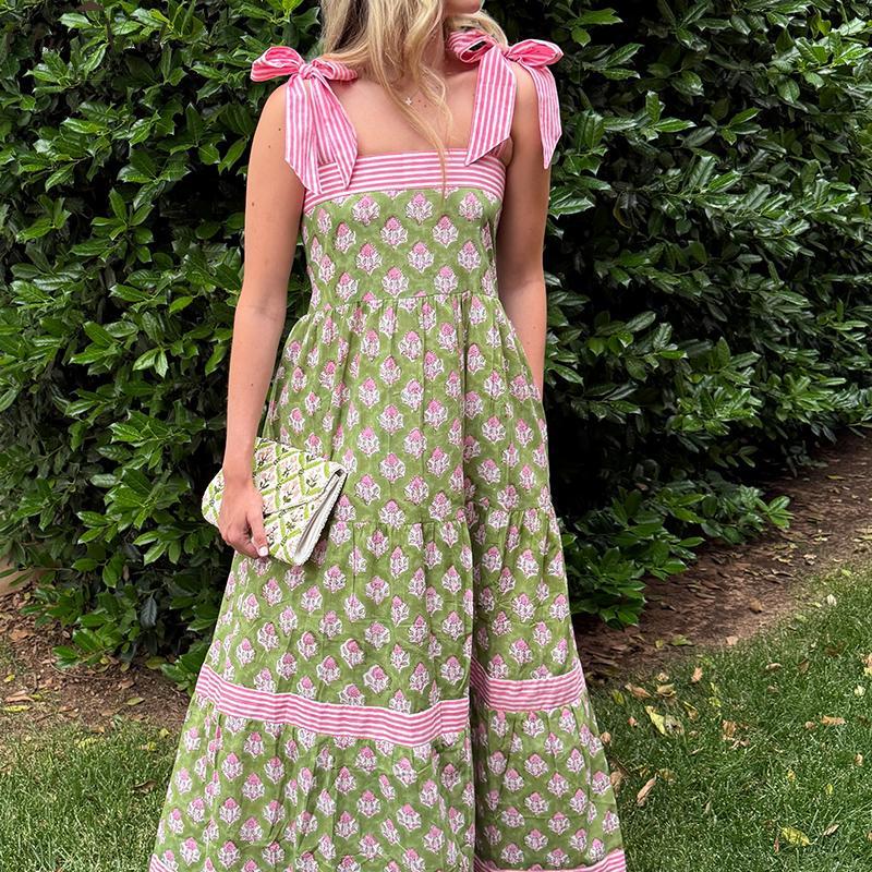 Women Summer Maxi Dress with Pockets 2025 Spaghetti Strap Sundress Casual Flowy Boho Dress Floral Tiered Beach Dress