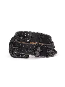 Punk Style Rhinestone Decorated PU Belt with Buckle, Fashion Cross Design Belt for Party, Daily Clothing Decor, Trendy Versatile & Exquisite Belt for Birthday Gift