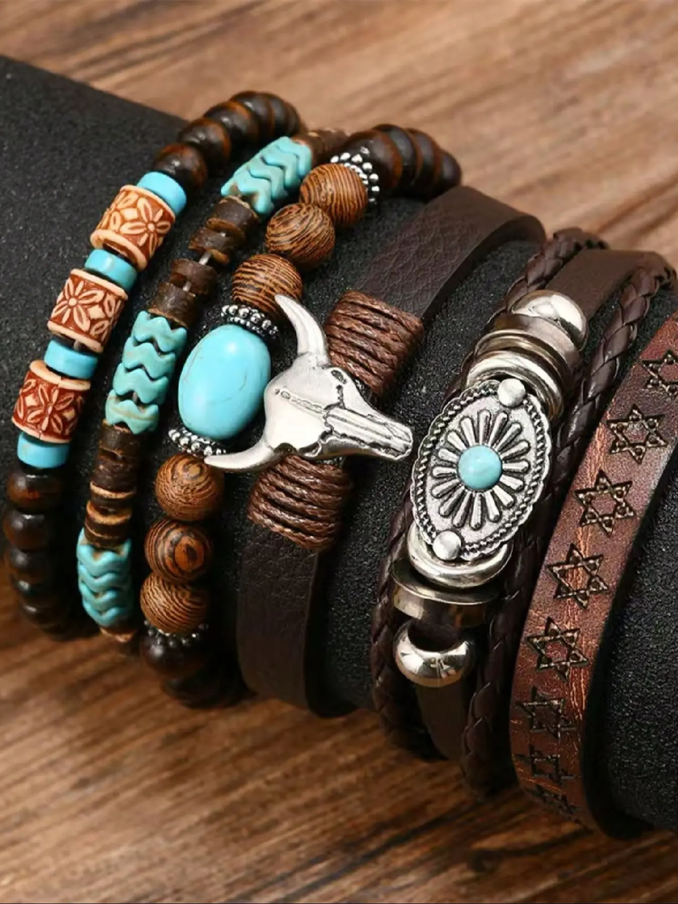 Retro Western Cowboy Style Beaded Bracelets Set, 6pcs Fashionable Jewelry Accessory, Perfect Gift Idea for Men & Women, Leather Braided Bracelet, Fashion Cool Accessories