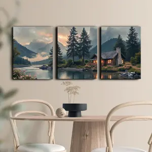Forest Cabin Pattern Canvas Painting with Frame, 3 Counts/set Modern Simple Wall Art Painting, Wall Art Decor for Home Living Room Bedroom, Ornaments, Wooden Wall Art
