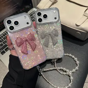 Rhinestone Bow Protective Phone Case For iPhone13/14/15/16 Heart Laser Transparent Clear Case Diamond Border Shockproof Cover Accessories