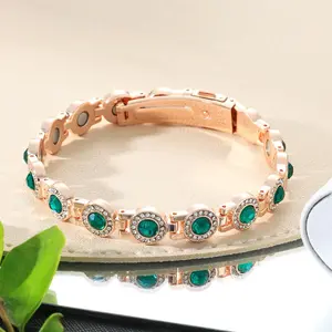 Round Full-Rhinestone Magnetic Bracelet — Stylish Single-Row, Anti-Static Magnetic Therapy Bracelet | Rose Gold & Green Crystal | 3rd Gen Watch Clasp Design