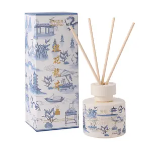 SONG CHAO No Fire Aromatherapy Diffuser Blue Porcelain Natural Soy Wax Fragrance 120ml Osmanthus Longjing