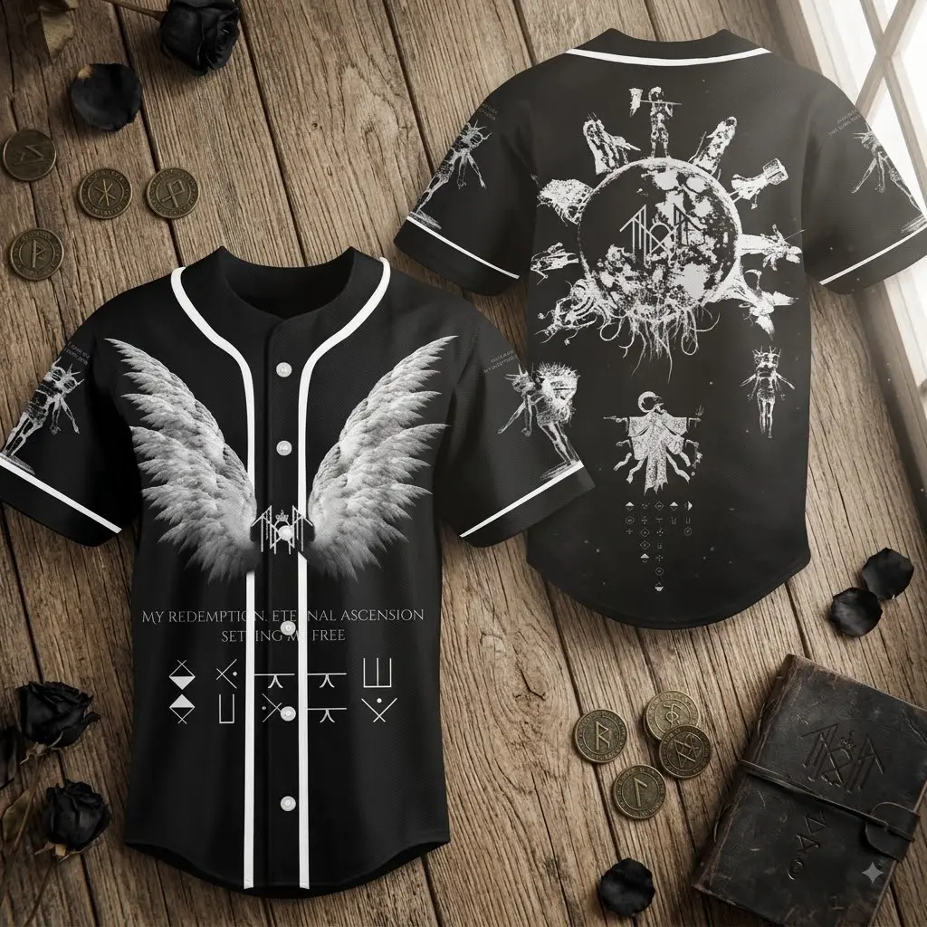 Unisex Gothic Metal Band Inspired Button-Up Baseball Jersey, Sleep Tken Themed, Alternative Streetwear with Front & Back Graphics (Sports & Outdoor Professional Clothing)