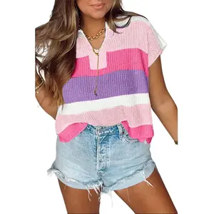 Womens Summer Cap Sleeve T Shirts V Neck Color Block Loose Knit Pullover Tops Trendy Casual Sweater