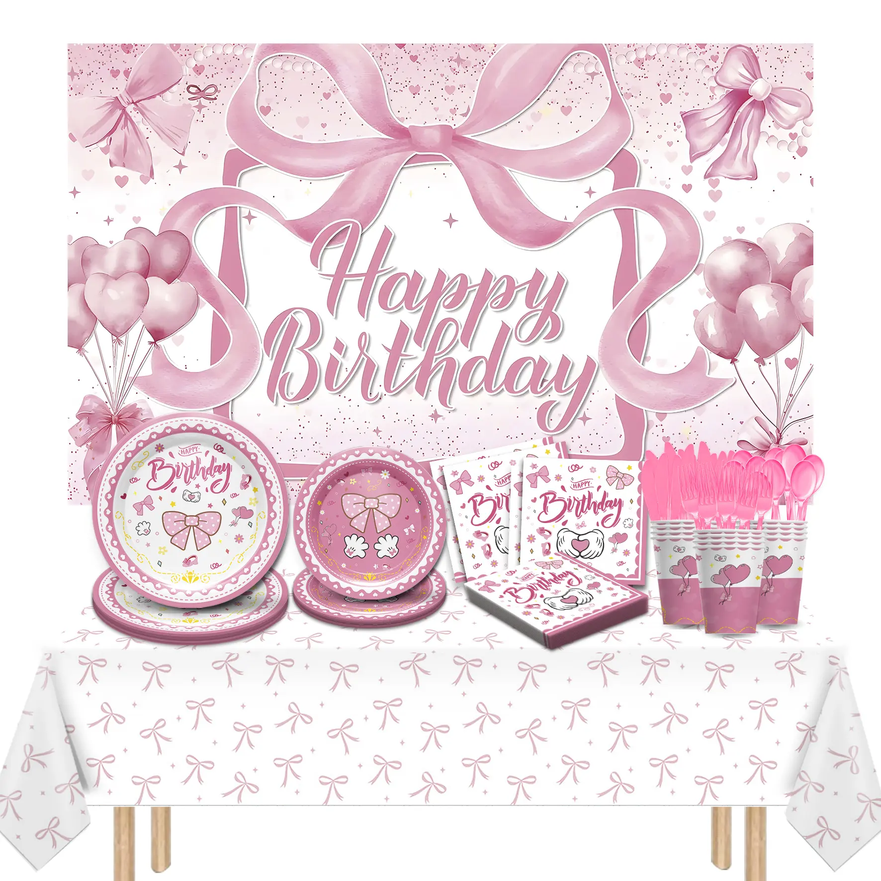Pink Bow Girls' Party Decorations & Disposable Tableware Birthday Gift Box - Includes Tablecloth, Backdrop Banner, Plates, Napkins, Cups, Knives, Forks, Spoons for Birthdays, Baby Showers