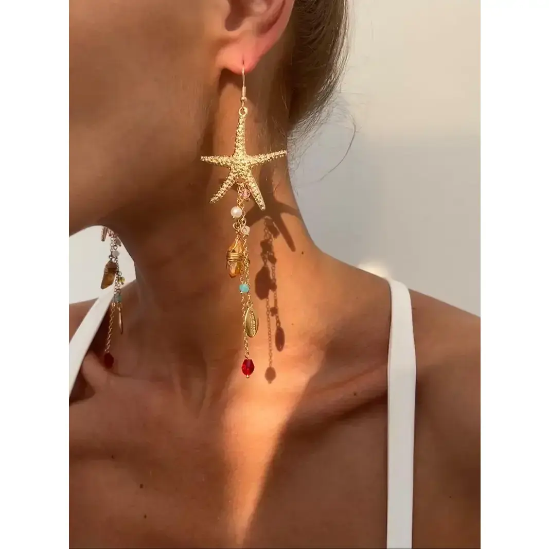 Veliora Gift B Women's Boho Style Alloy Statement Earrings, Ocean-Inspired Starfish Shell Design, Irregular Crystal Beaded Dangle Jewelry for Daily Wear & Vacation Adjustable Heart Rate Couples Bracelet Set y2k