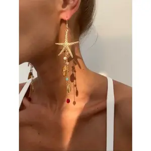 Veliora Gift B Women's Boho Style Alloy Statement Earrings, Ocean-Inspired Starfish Shell Design, Irregular Crystal Beaded Dangle Jewelry for Daily Wear & Vacation