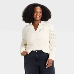 Women's Polo Collar Pullover Sweater - Ava & Viv Cream XXL