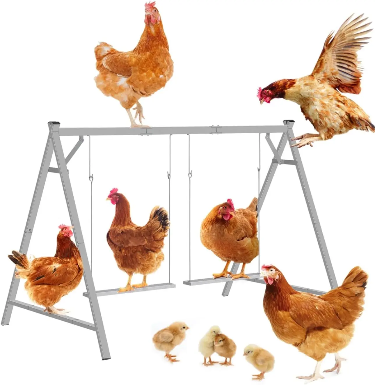Heavy Duty Metallic Chicken Perch Roosting Stand - Waterproof Backyard Hen Coop Toy for 6-8 Birds (Goose, Duck Included), 2 Swing Bars, Anti-Tipping Stable Base, Easy Assembly Large Activity Center
