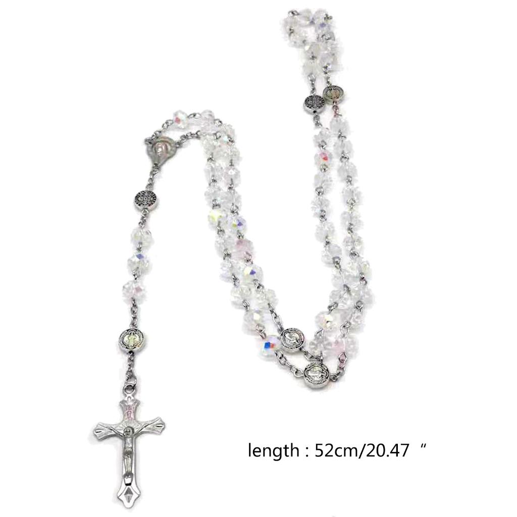 Colorful Crystal Beads 20.47in Rosary Necklaces Cross Pendant Catholic Religious Necklaces for Men Women Jewelry Gift Long Chain