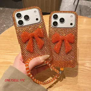 Full Diamond Bow Orange Sparkle Phone Case with Crystal Strap for iPhone 14/15/16/17 Pro/Pro Max Scratch-Resistant Luxury Trendy Accessory