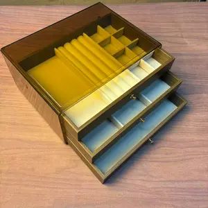 1 PCS 3-Layer Walnut Wood Grain Jewelry Organizer, Luxury Retro Style, Deluxe Exquisite Desktop Storage Box for Earrings & Accessories