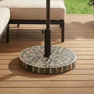 18.90"L*18.90"W*12.40"H Round Mosaic Tile Umbrella Base, 31.75LBS Concrete‑Iron Heavy‑Duty Outdoor Umbrella Stand with Adjustable Knob for 38‑48mm Poles