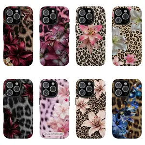 Leopard Print Floral for Girls iPhone Case with Pink Lilies Durable Shockproof Cover for iPhone 17 16 15 14 13 12 11 Pro Max Plus Air 7 8 Tough Accessories Trendy Polycarbonate TPU Impact Resistant