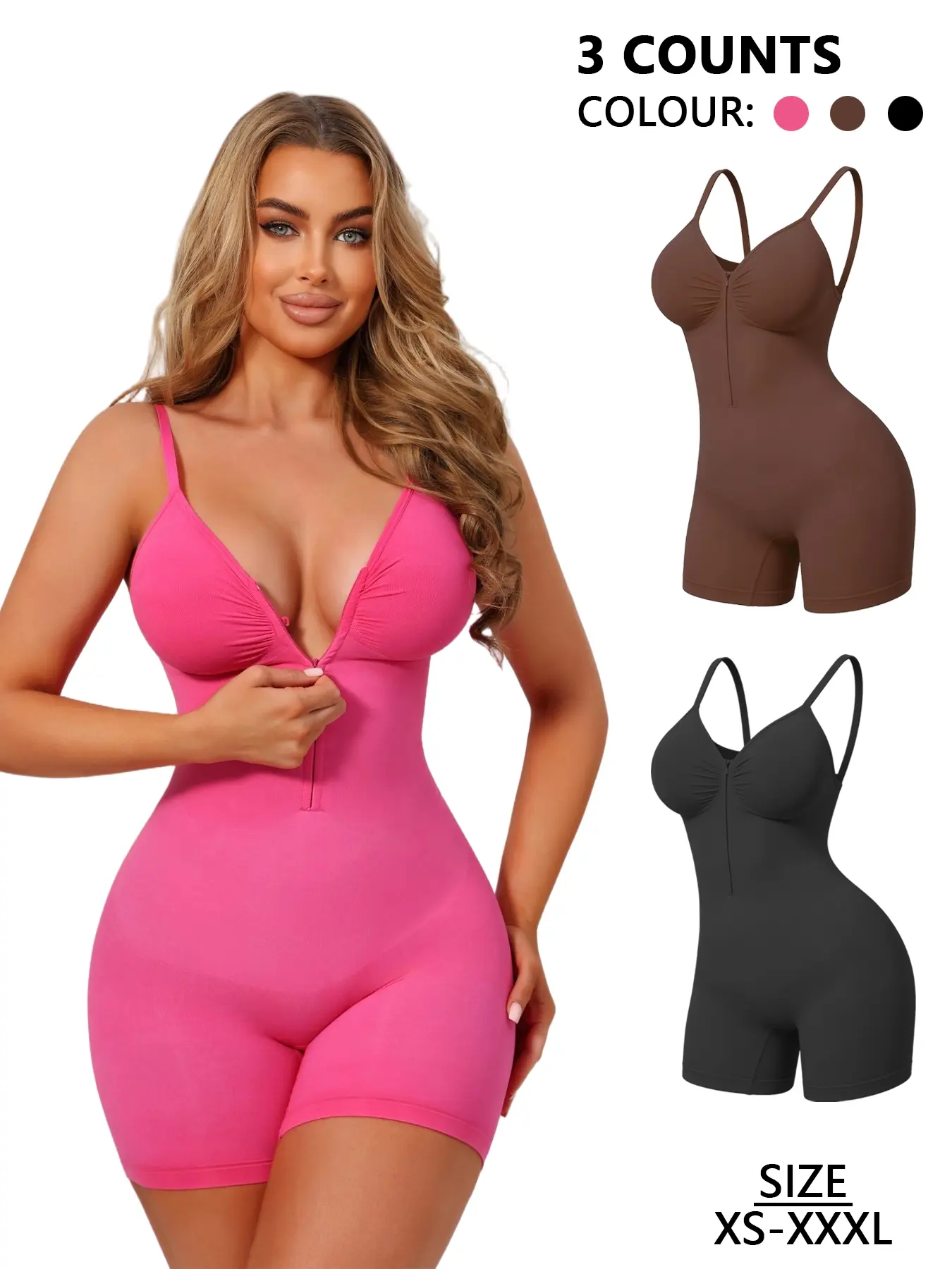 Seamless Front-Zipper Bodysuit Shapewear Underwear, V-Neck Spaghetti-Strap Open-Crotch Design, Push-Up & Tummy Control & Butt-Lifting, Comfortable Fitted All-Season Wear for Women