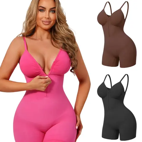 Seamless Front-Zipper Bodysuit Shapewear Underwear, V-Neck Spaghetti-Strap Open-Crotch Design, Push-Up & Tummy Control & Butt-Lifting, Comfortable Fitted Smooth All-Season Wear for Women, Fabric