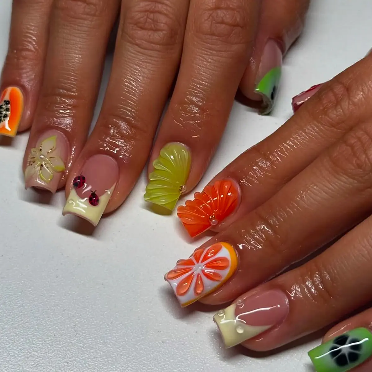 24 pieces of summer fruit short square nails 3D three-dimensional insect French Glossy fake nails Nail Art Design cute girl travel office essential acrylic press on nails with jelly glue 1 piece file 1