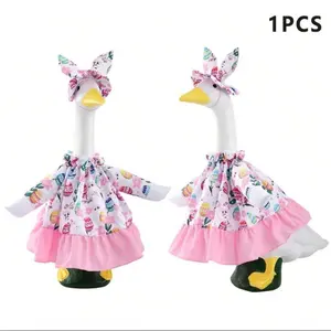 Easter Porch Goose Outfits Cement Or Plastic Geese Statue Costume Cute Eggs Bunny Print Clothes With Rabbit Ear Headband For Outdoor Yard Garden Patio Decor