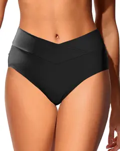 Women V Cut Full Coverage Bikini Bottom - High Waist Swim Bathing Suit Bottoms Cross V Front Swimsuit