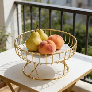 Metal Fruit Tray with Marble Base, Hollow Design Fruit Basket, Wire Basket, Home Kitchen Living Room Bedroom Countertop Storage Basket, 1 Piece