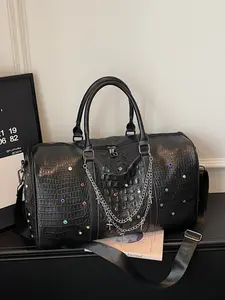 New Fashion High-End Rhinestone Duffel Bag, Casual Patchwork Design, Large Capacity Travel Backpack, Street Style Crossbody Bag